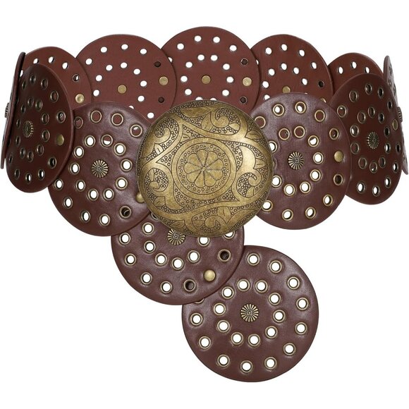 Women Western Leather Belt Boho Dics Conch Waist Belt for Dress Jeans